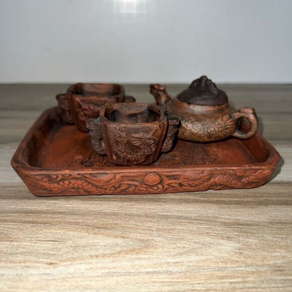 Yixing Zi Ni Vintage Brown Clay Miniature Tea Pot Set With Tray Carved 6 Piece - Picture 1 of 11